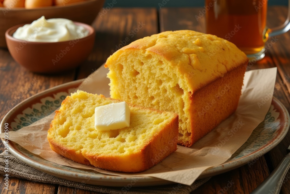 Delicious Cornbread Loaf Sliced with Butter Delicious Cornbread Loaf Sliced with Butter