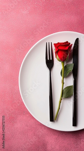 Empty plate with fork and knife on red tablecloth photo