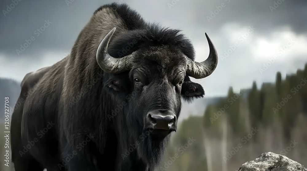 Naklejka premium Powerful bison portrait, mountain backdrop, wildlife photography, nature scene