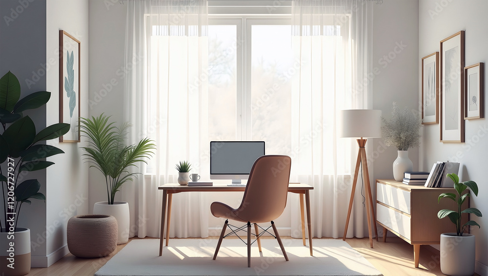 Fototapeta premium Cozy work place in home office area with a laptop, desk, chair, minimalist decor, and ample natural light, workspace. remote work, work form home.