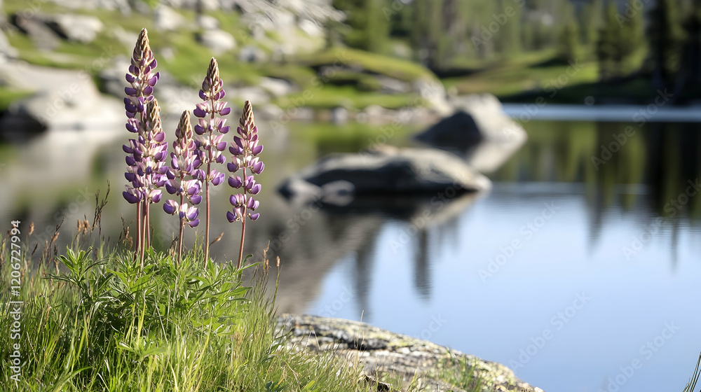 Naklejka premium Purple lupines by tranquil mountain lake; serene nature scene; perfect for travel brochures