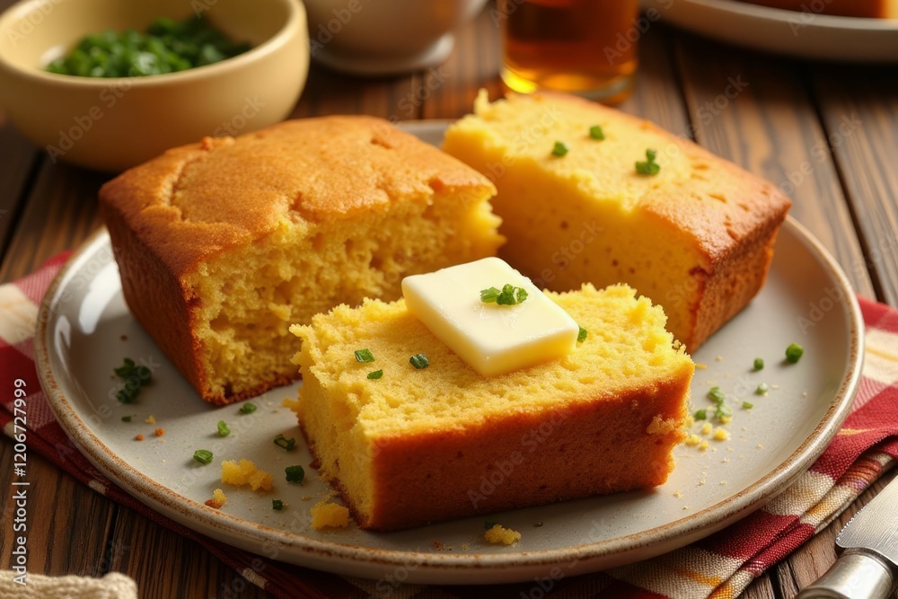 Delicious golden cornbread slices with butter and chives Delicious golden cornbread slices with butter and chives