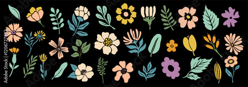 Set of hand drawn floral design elements and abstract shapes. Wild and garden flowers, leaves, branches. Contemporary modern vector art illustrations in trendy peach fuzz colors on black background.
