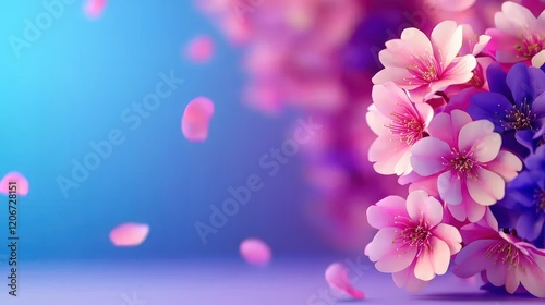 Vibrant Pink and Purple Flowers with Falling Petals Spring Blossom Background Image