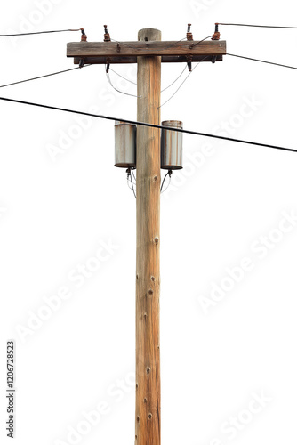 Old Wooden Utility Pole with Power Lines, Vintage Wooden Electric Pole, isolated on transparent background, cutout png