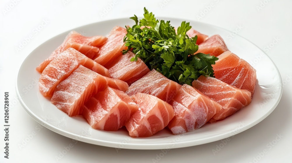 Halal Sashimi under studio lighting, with a focus on halal-certified fresh fish slices, arranged elegantly on a clean white plate Halal Sashimi under studio lighting, with a focus on halal-certified fresh fish slices, arranged elegantly on a clean white plate