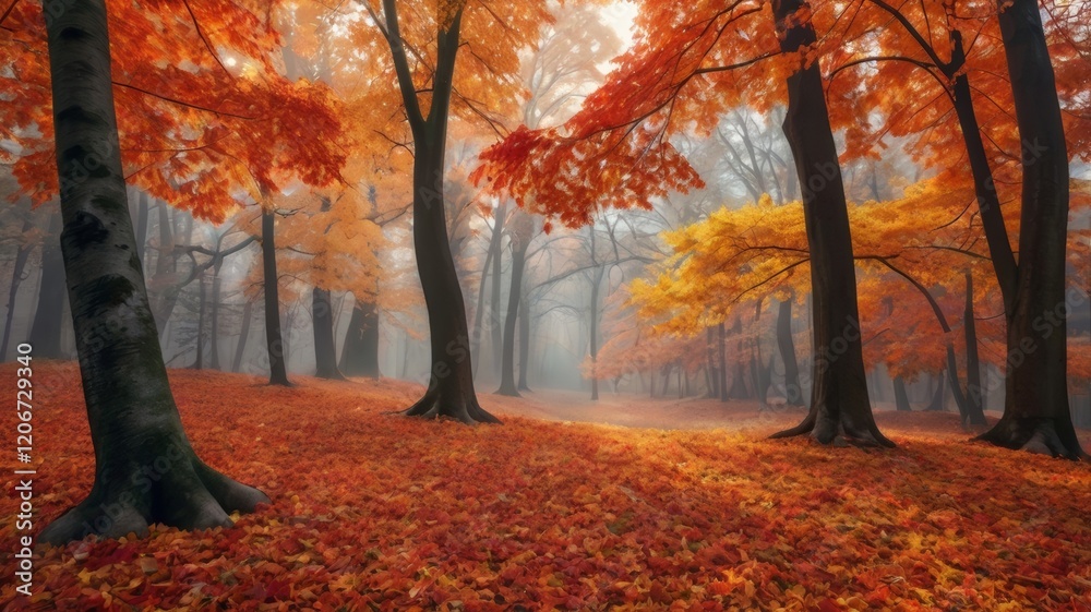 A serene autumn forest scene with a carpet of vibrant orange and yellow leaves and misty atmosphere