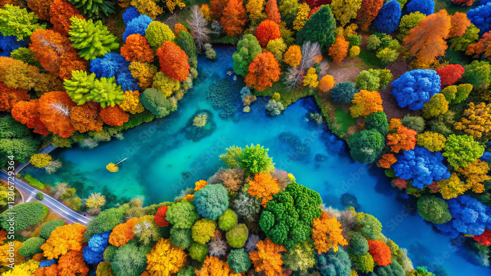 Fototapeta premium Vibrant autumn colors reflect in serene lake surrounded by trees