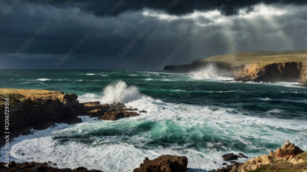 Fototapeta premium Dramatic Coastal Scene with Storm Clouds and Crashing Waves Under Sunlight