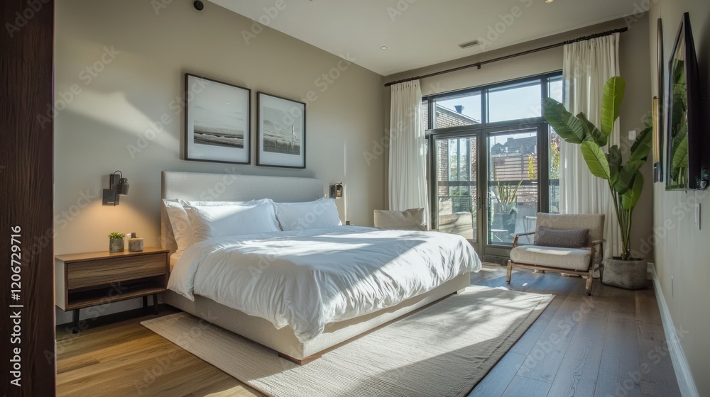 Fototapeta premium Sunlit Modern Bedroom Interior Design King Bed Hardwood Floors and Large Windows