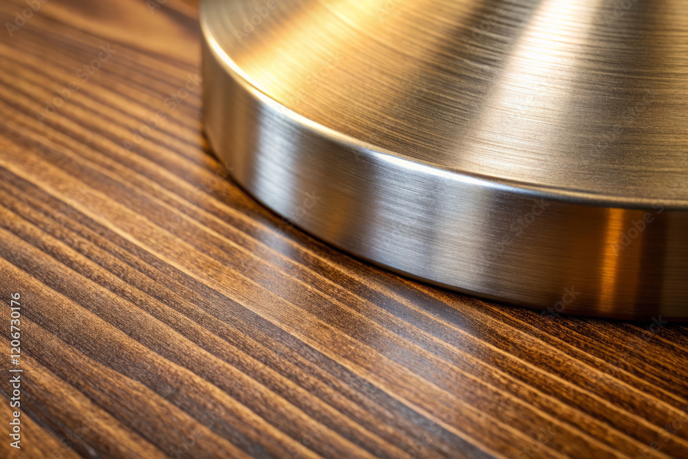 Sleek metal base on wooden surface, showcasing modern design and texture Sleek metal base on wooden surface, showcasing modern design and texture