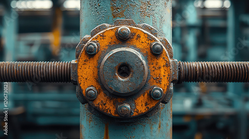 Close-up of rusty metal industrial machinery detail with bolts and a circular component.