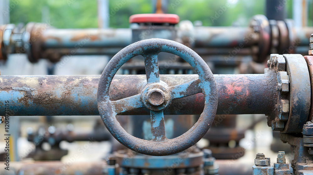 Rusty industrial valve wheel, pipes, outdoors, plant background, manufacturing image Rusty industrial valve wheel, pipes, outdoors, plant background, manufacturing image