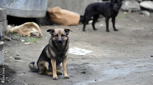 Sad stray dog sits amidst urban debris; another dog in background. Use animal welfare campaigns