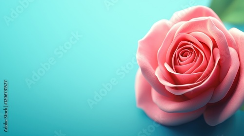 Close up Pink Rose Flower on Teal Background Romantic Floral Image