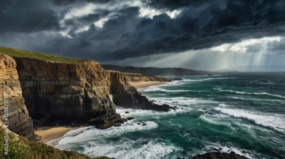 Dramatic coastal scene with dark storm clouds and sun rays over rocky cliffs and ocean Dramatic coastal scene with dark storm clouds and sun rays over rocky cliffs and ocean