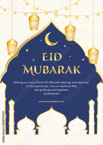 Eid Mubarak greetings with mosque, golden lanterns and moon on white background. Vector illustration eid al-fitr for greeting card, poster and banner.