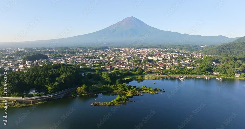Aerial view rising in front of Fujikawaguchiko and Mt Fuji, golden hour in Japan