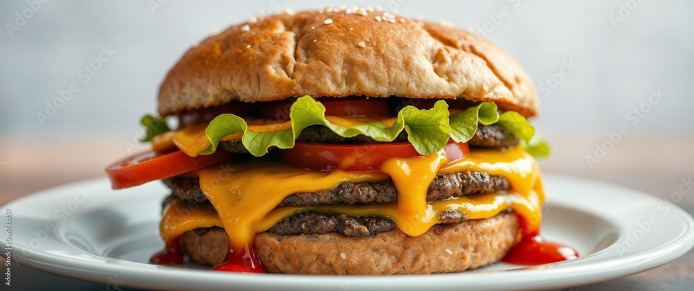 Clasic hamburger with lettuce, tomato, cheese, sesame bun, ketchup, and mustard. Generative AI