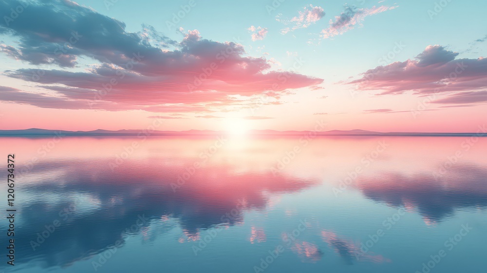 Obraz premium Beautiful sunset reflecting on calm water with pastel colors in the sky.