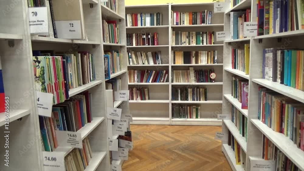 Organized bookshelves filled with diverse titles in a library. 4K Organized bookshelves filled with diverse titles in a library. 4K