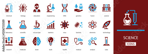 Science filled icon set featuring laboratory tools, molecules, research, physics, biology, chemistry, experiments, and analytical symbols for academic and tech projects.