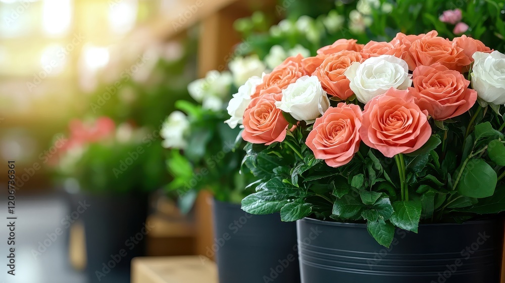 Beautiful Bouquet of Peach and White Roses in a Black Pot Flower Shop Display Beautiful Bouquet of Peach and White Roses in a Black Pot Flower Shop Display
