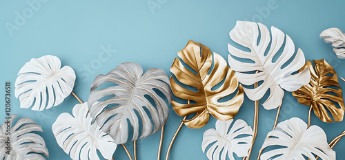 Stunning canvas poster of grey-gold tropical leaves on a blue background photo