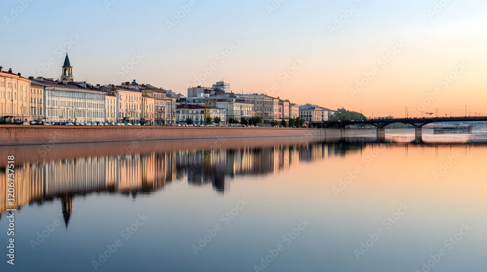 Fototapeta premium Sunrise cityscape reflection, river, bridge, buildings, calm water, urban morning