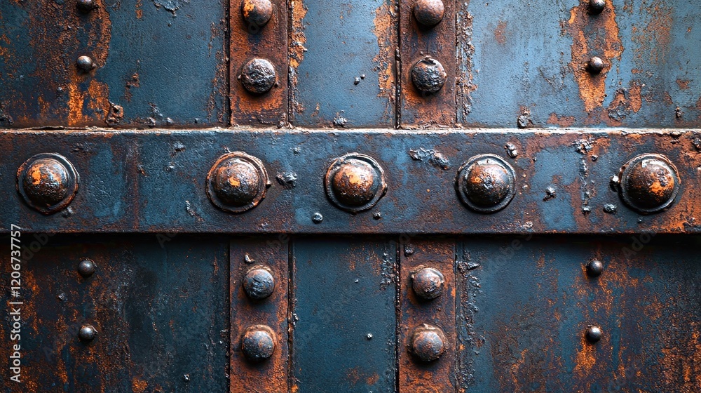 Textured metal surface featuring rivets and scratches in an industrial setting Textured metal surface featuring rivets and scratches in an industrial setting