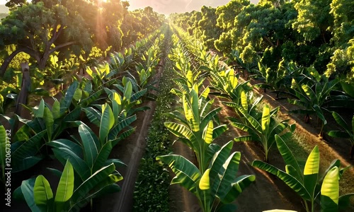 Aerial view of a lush banana plantation under sunlight, showcasing rows of vibrant green plants.