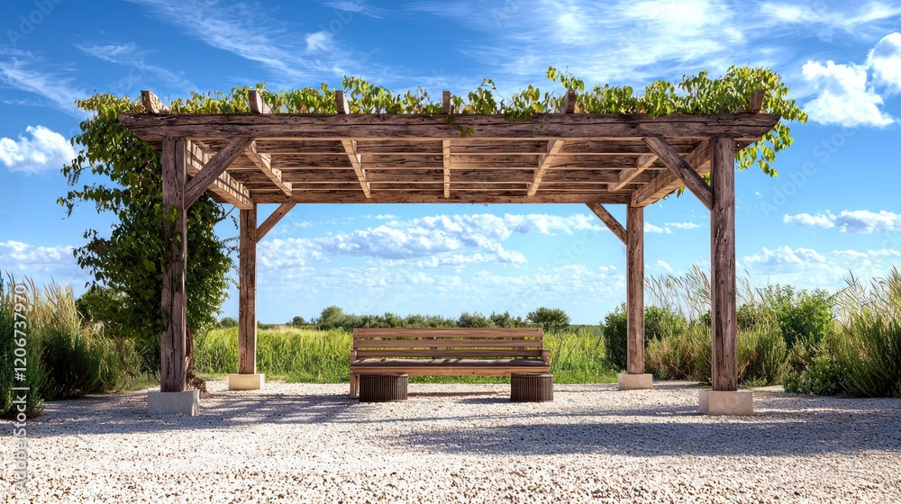 Clear skies and stylish seating under a stately wooden pergola. Clear skies and stylish seating under a stately wooden pergola.