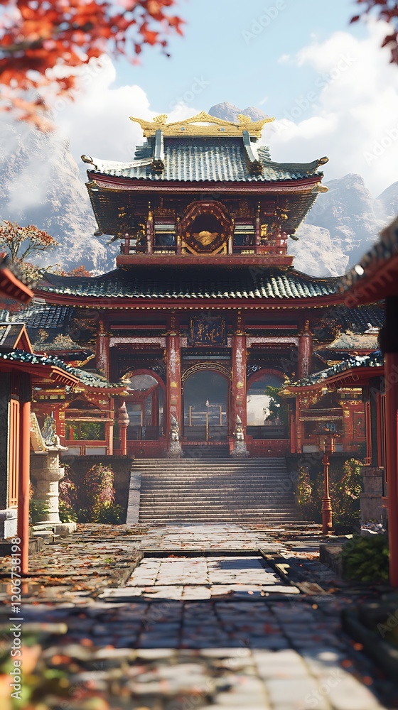 Fototapeta premium A serene temple surrounded by autumn foliage and mountains.