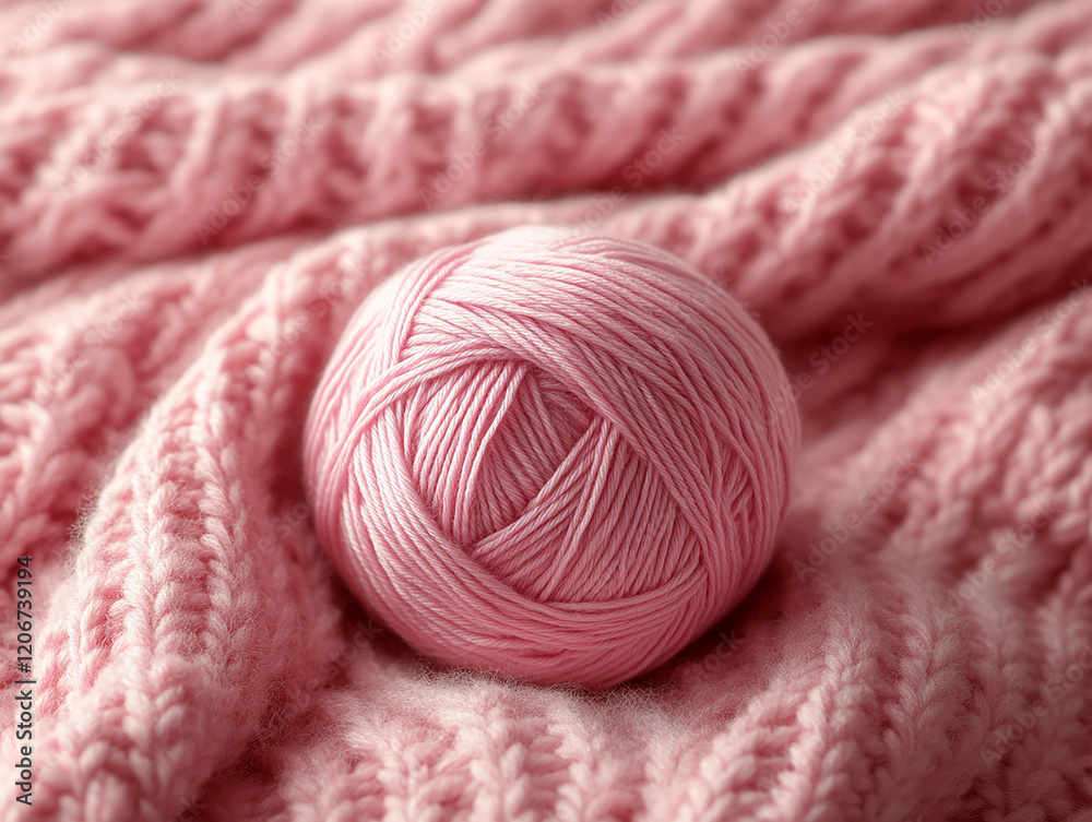 Pink Yarn Resting on Intricately Knitted Fabric Pink Yarn Resting on Intricately Knitted Fabric