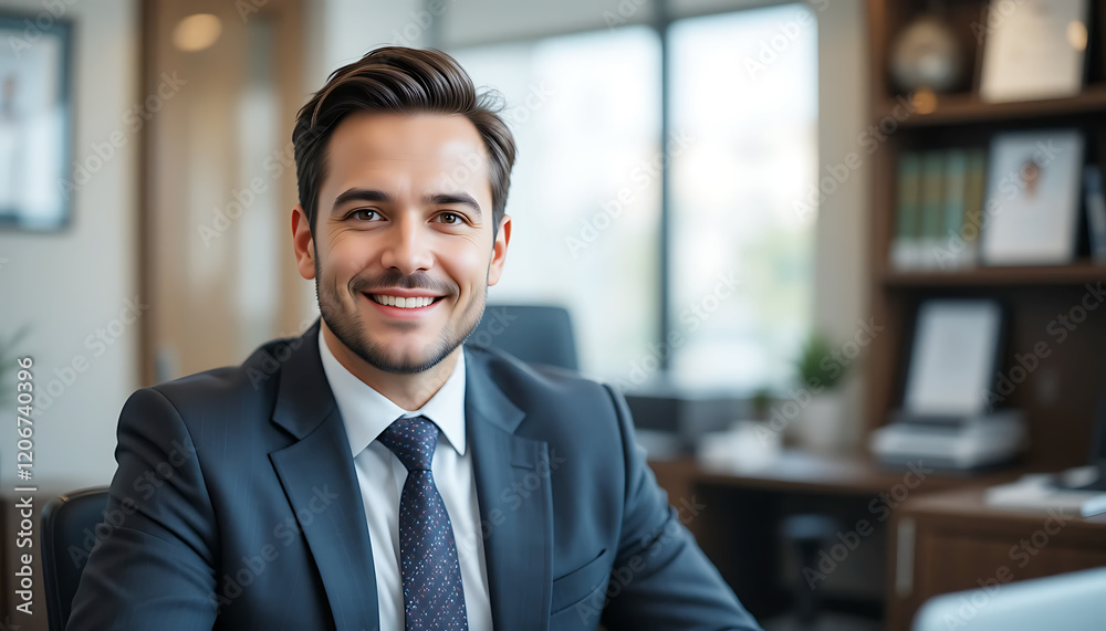 Confident Businessman Smiling in a Modern Office Setting. Confident Businessman Smiling in a Modern Office Setting.