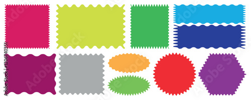 Color squiggle stories zigzag frame set. jagged rectangular shape box element set with zigzag edges, photo frames, text boxes, tags, labels. Vector groovy shapes set Geometric zig zag wavy labels, iso