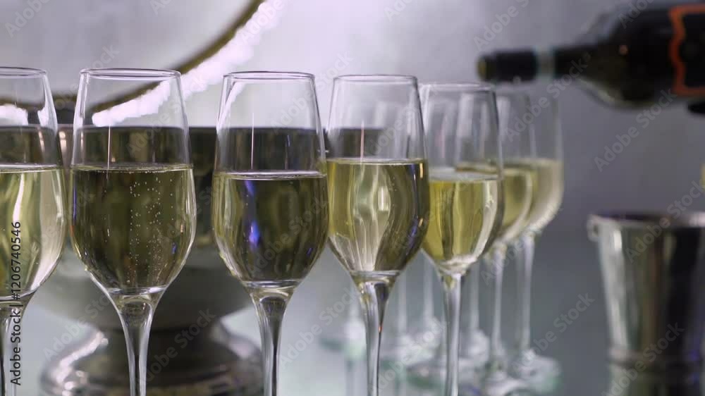 A stunning and beautiful display of elegant champagne glasses prepared and ready for a festive celebration event A stunning and beautiful display of elegant champagne glasses prepared and ready for a festive celebration event