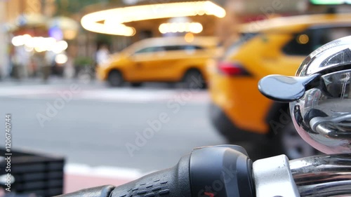New York City Grand Central Terminal railway station, 42 street. Manhattan Midtown. Yellow taxi cabs, car transport on Pershing Square, NYC, USA. American urban road traffic, people pedestrians. Bike.