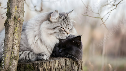 Two cats cuddling on a tree stump in a garden, spring background, perfect for pet adoption websites photo