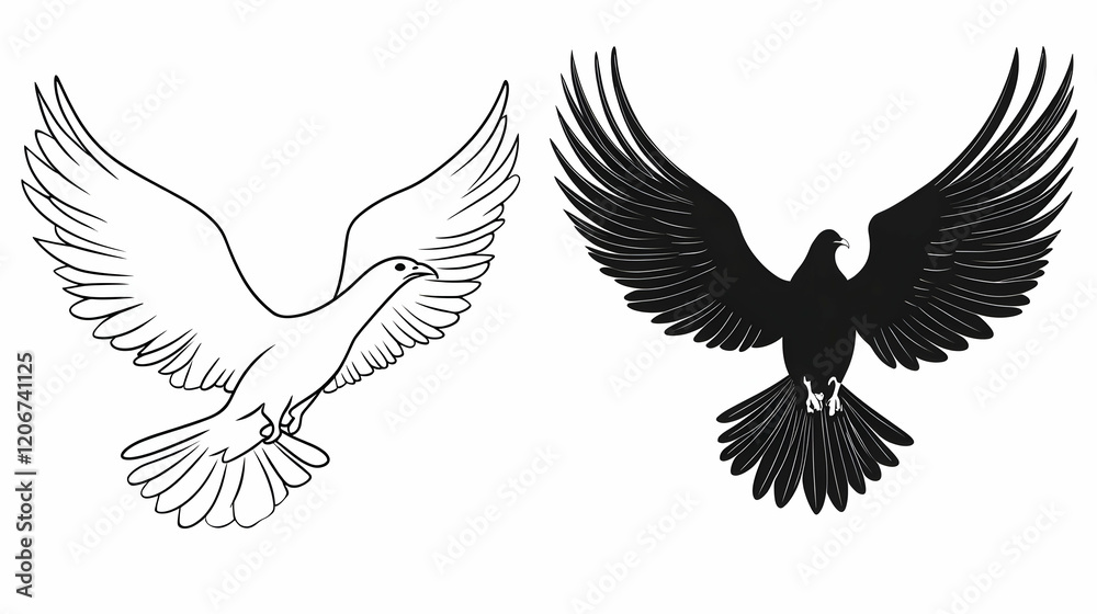 Fototapeta premium Two doves in flight, one white outline, one black silhouette, against white background; ideal for peace, freedom, or spiritual designs