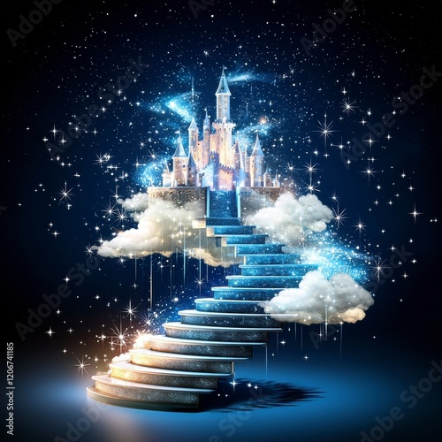 Magical Castle on a Cloud with Sparkling Staircase.