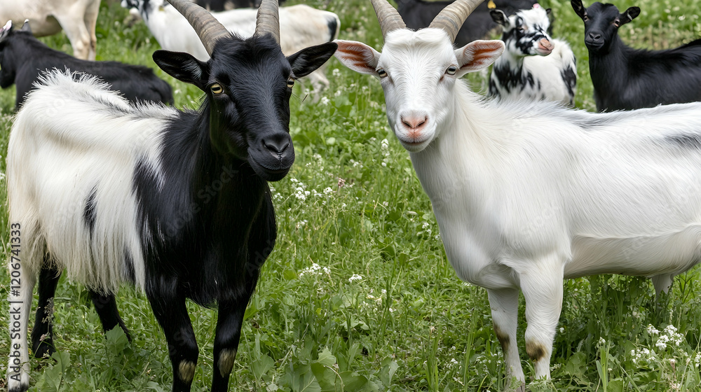Two goats in a field, herd in background, idyllic pasture, farm animals, stock photo Two goats in a field, herd in background, idyllic pasture, farm animals, stock photo
