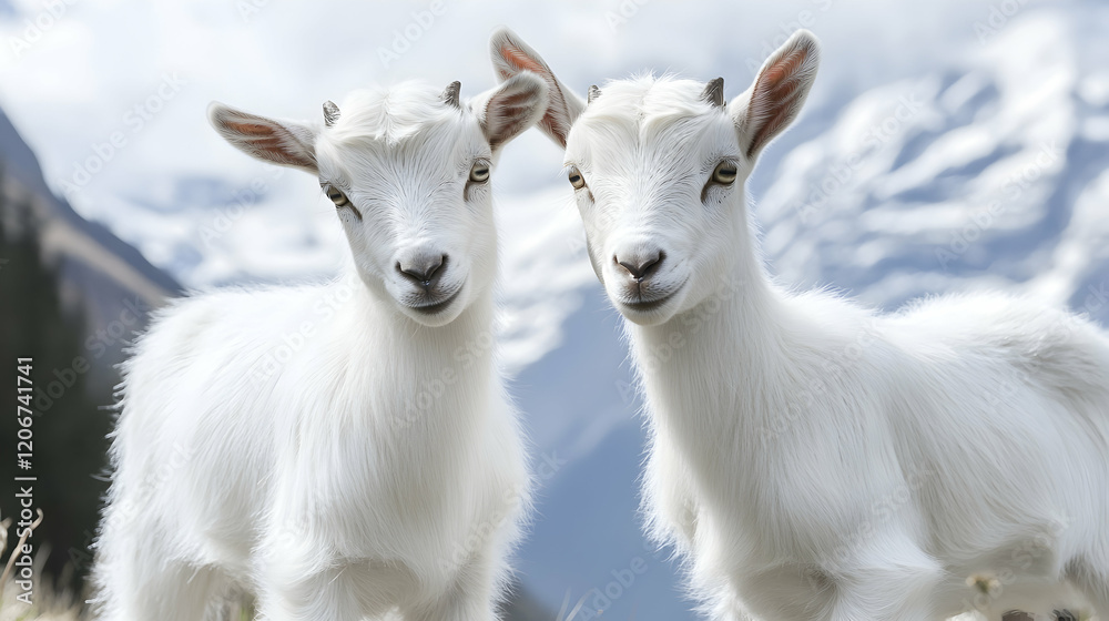 Two white goats posing in mountain pasture, idyllic scenery. Perfect for agricultural, animal, or nature publications Two white goats posing in mountain pasture, idyllic scenery. Perfect for agricultural, animal, or nature publications