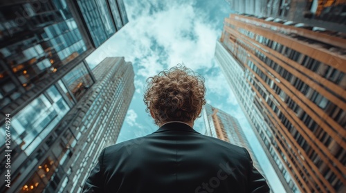 man's back, man wearing black suit. curly hair, panoramic view, background is a magnificent high-rise building. high-rise buildings stand tall.