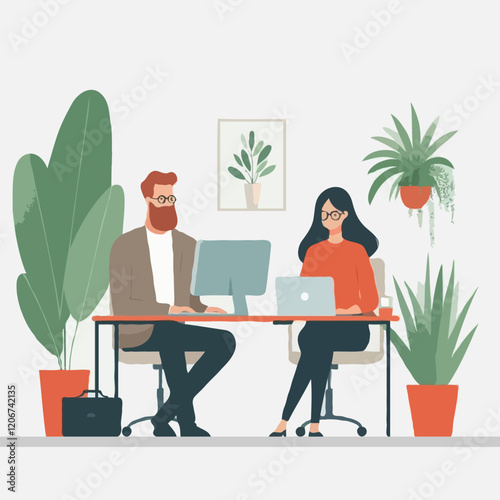 Focused coworkers working on laptops in a modern co-working space