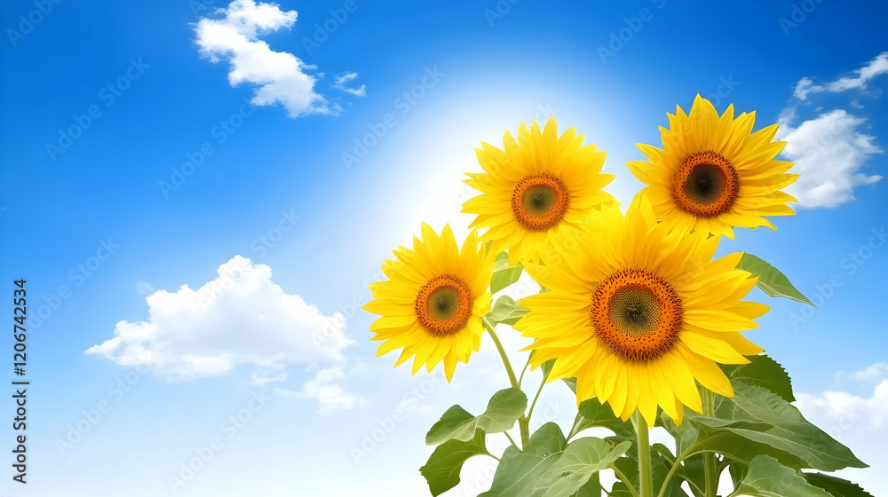 Fototapeta premium Vibrant sunflowers under sunny sky, ideal for summer greeting cards