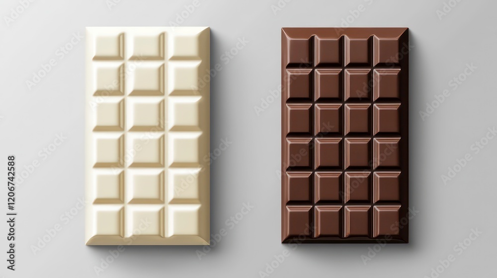 Set of white blank packaging for a chocolate bar with brown and beige colors, top view isolated on a grey background mockup template design Set of white blank packaging for a chocolate bar with brown and beige colors, top view isolated on a grey background mockup template design
