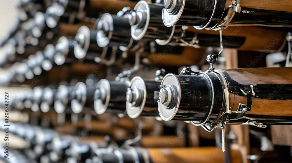 Naklejka premium Vintage cylindrical mechanisms, close-up detail, wooden frame, museum exhibit, technology history