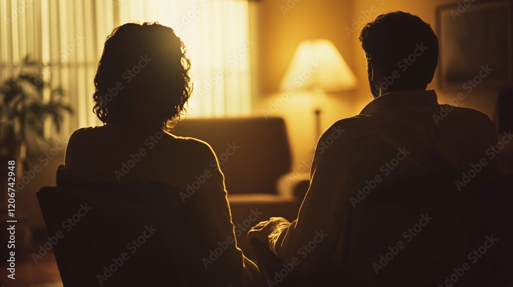Romantic Couples Silhouette with Soft Light in Cozy Living Room Romantic Couples Silhouette with Soft Light in Cozy Living Room