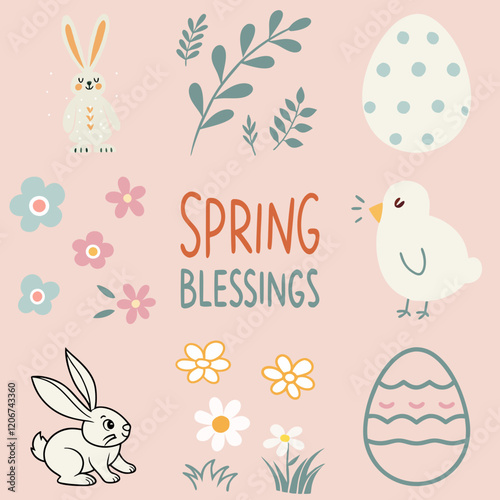 Set of Easter cartoon clip art with cute bunny colorful eggs, flowers and spring frames. Perfect for Easter greeting cards, vector illustration.